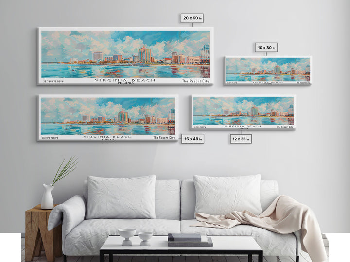 Virginia Beach Virginia Panoramic Painting, Framed Canvas Print, Retro Style Travel Poster, Unique Home Decor, Artistic Office Wall Art