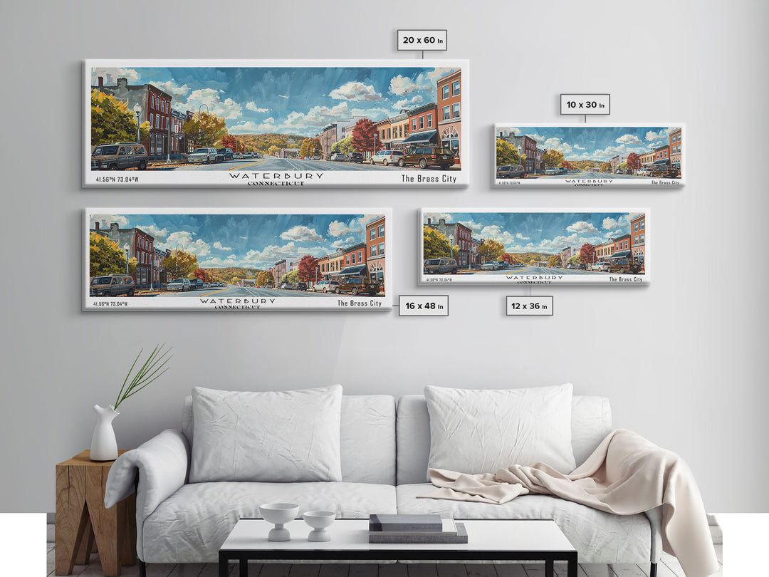 Waterbury Connecticut Panoramic Painting, Framed Canvas Print, Artistic Travel Poster, Retro Wall Art, Unique Office Decor, Living Room Gift