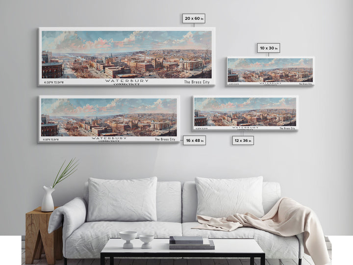 Waterbury Connecticut Panoramic Framed Canvas Print, Vintage Travel Poster, Artistic Wall Art, Unique Home Decor, Office Gift Idea