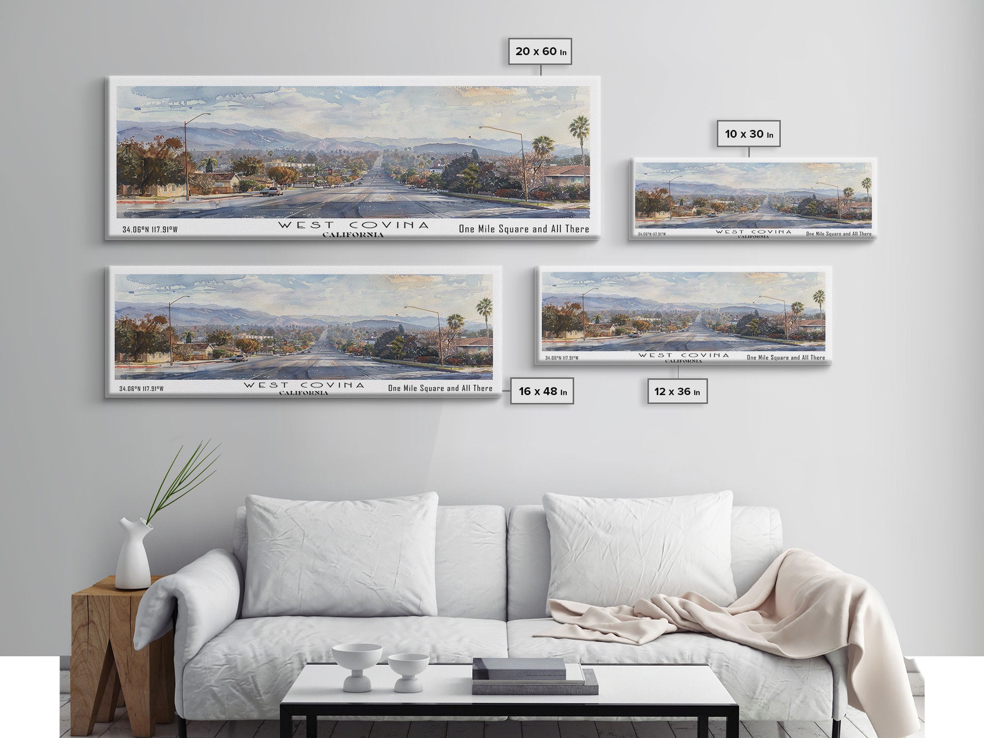 West Covina California Panoramic Painting, Framed Canvas Print, Vintage Travel Poster, Artistic Home Decor, Unique Office Wall Art