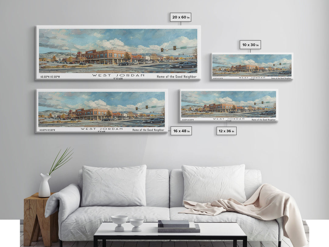 West Jordan Utah Panoramic Framed Canvas Print, Artistic Travel Poster, Retro Wall Art, Unique Living Room Decor, Office Gift Idea