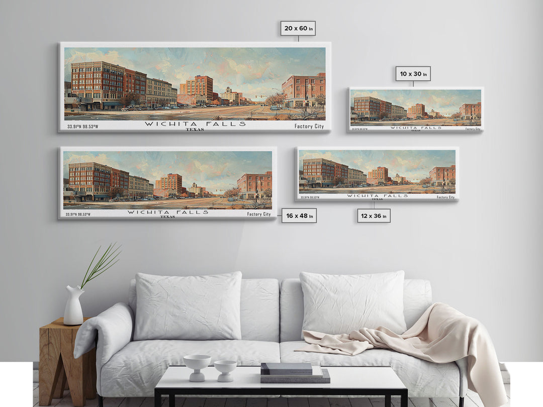 Wichita Falls Texas Panoramic Framed Canvas Print, Vintage Travel Poster, Unique Wall Art, Artistic Living Room Decor, Office Gift Idea