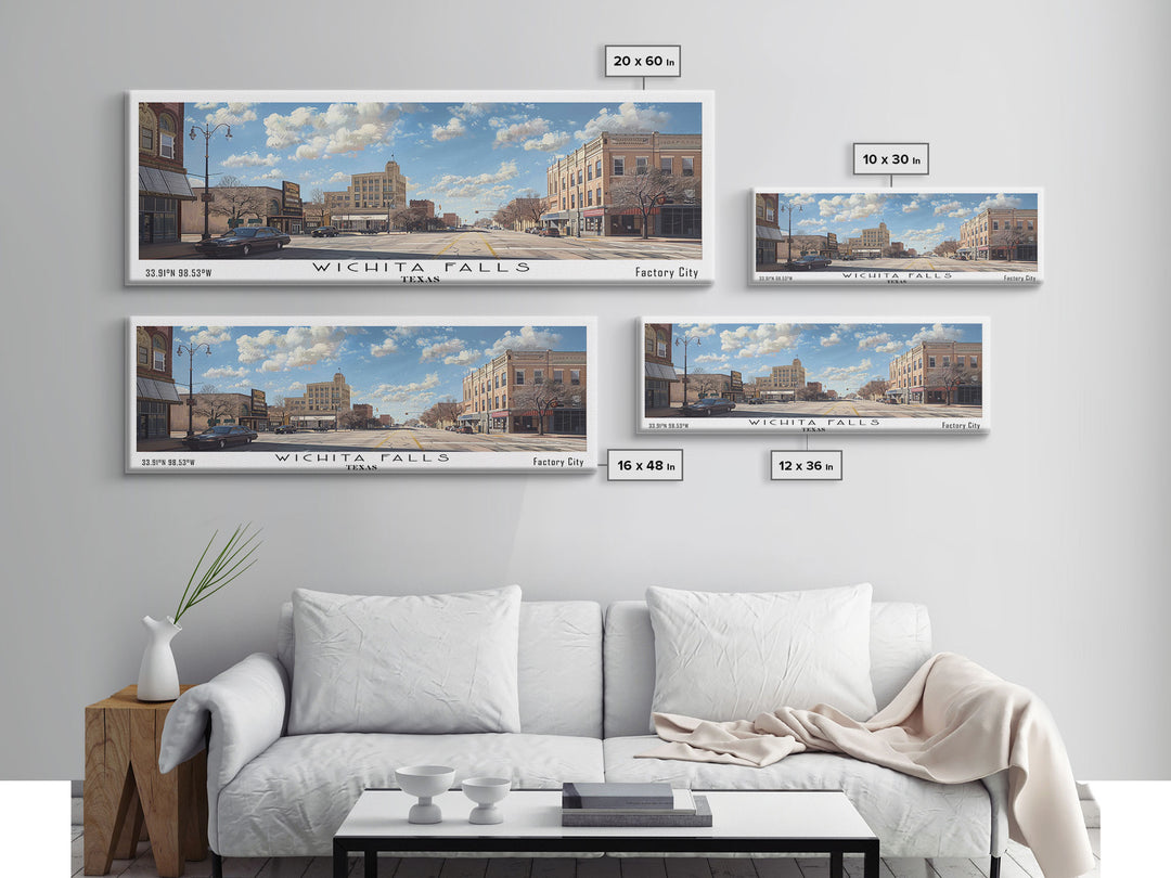 Wichita Falls Texas Panoramic Painting, Framed Canvas Print, Retro Style Travel Poster, Unique Home Decor, Artistic Office Wall Art