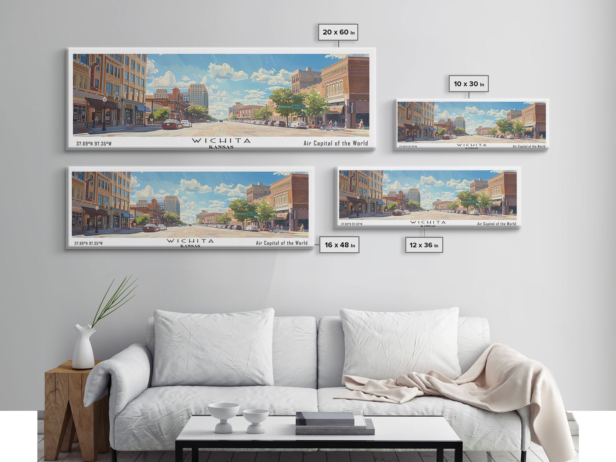 Wichita Kansas Panoramic Framed Canvas Print, Retro Travel Poster, Artistic Wall Art, Unique Living Room Decor, Office Gift, Original Artwork