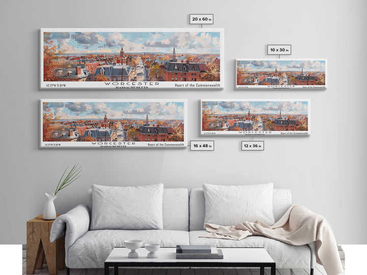 Worcester Massachusetts Panoramic Framed Canvas Print, Vintage Travel Poster, Artistic Wall Art, Unique Living Room Decor, Office Gift, Home Decoration