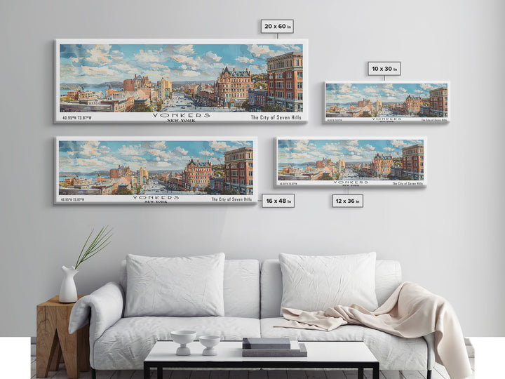 Yonkers New York Panoramic Framed Canvas Print, Retro Style Travel Poster, Artistic Wall Art, Unique Office Decor, Living Room Gift