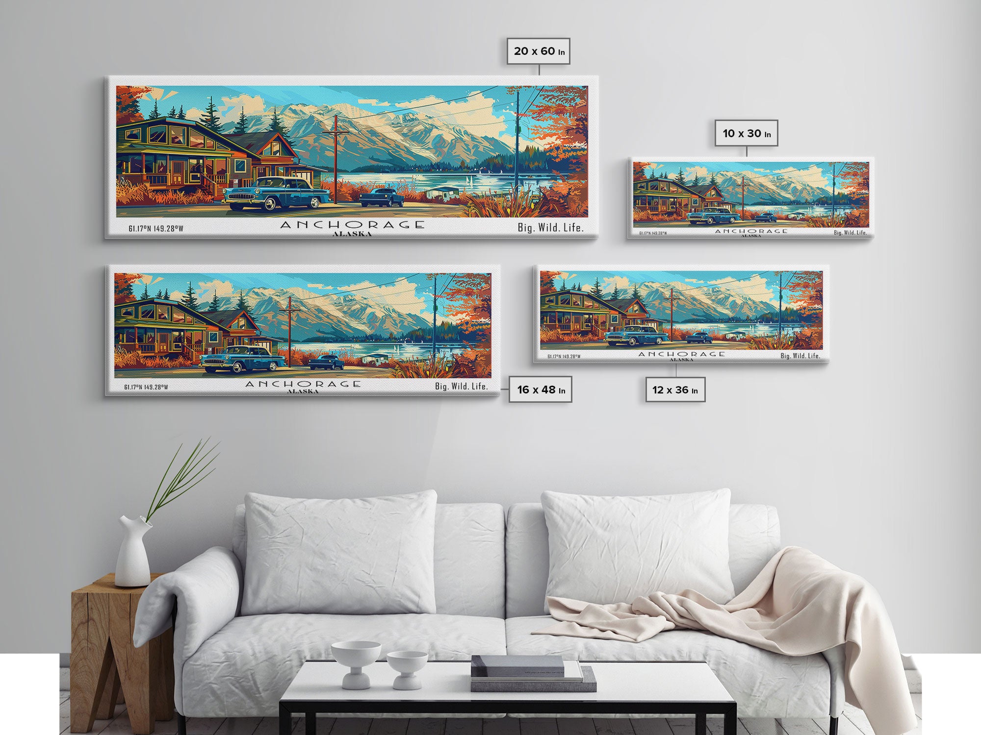 Anchorage Alaska Panoramic Travel Poster Framed Canvas Print, Mid Century Modern Art, Pop Art Style, Wall Art Decor, Home Decoration