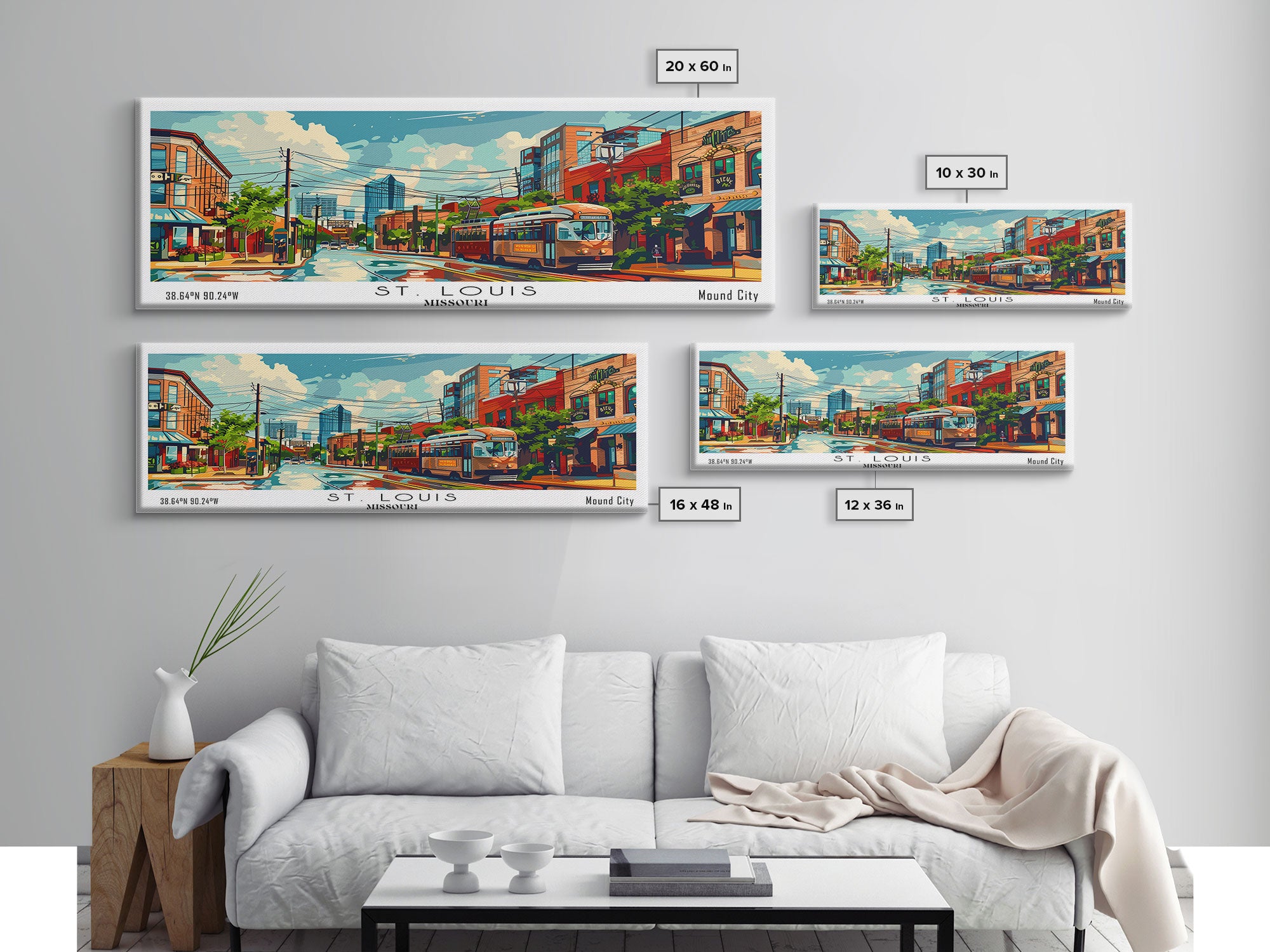 St. Louis Missouri Panoramic Wall Art, Retro Pop Art Framed Canvas Print, Mid Century Modern Travel Poster, Living Room Decor