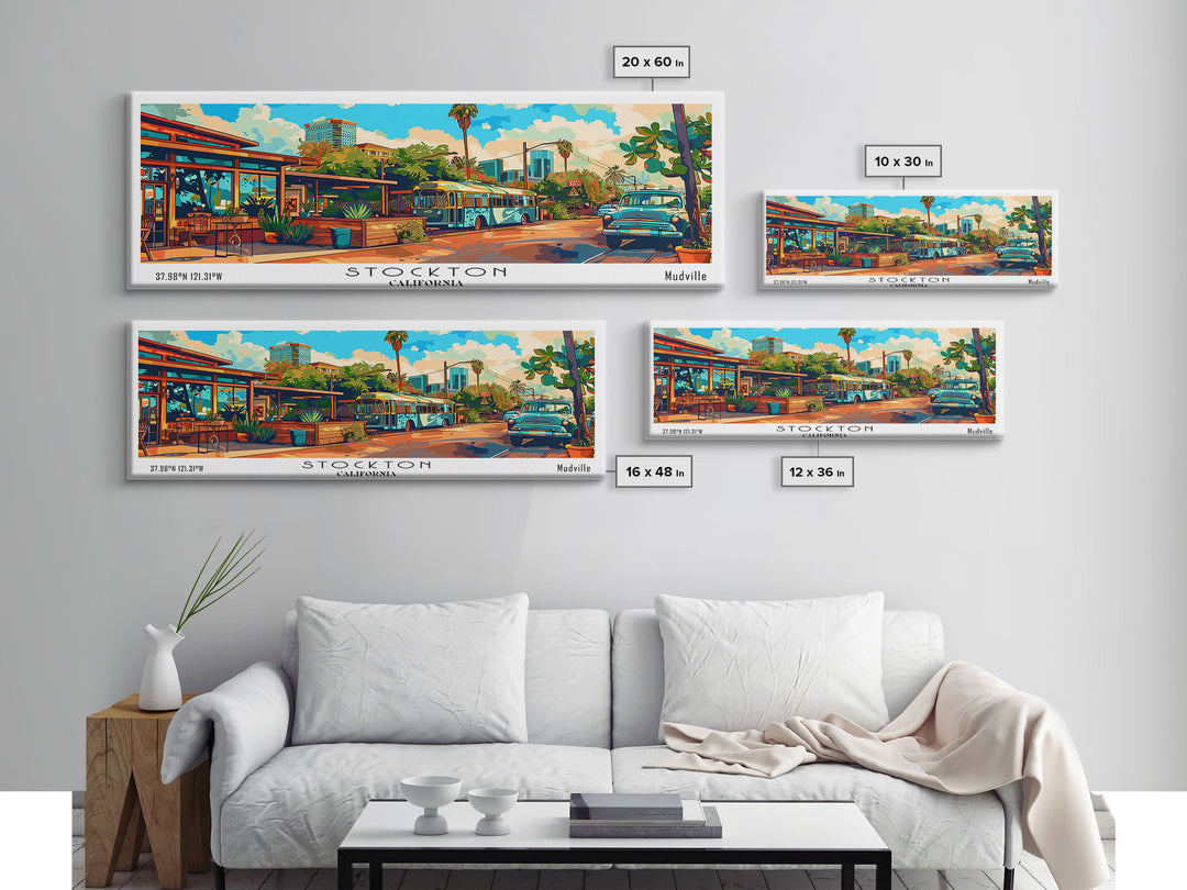 Stockton California Panoramic Wall Art, Mid Century Modern Framed Canvas Print, Retro Pop Art Travel Poster, Office Wall Art