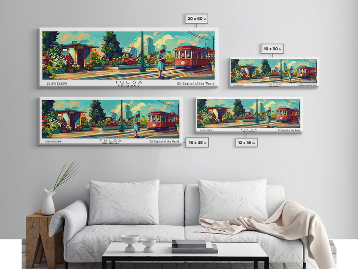 Tulsa Oklahoma Panoramic Painting, Mid Century Modern Framed Canvas Print, Retro Pop Art Travel Poster, Wall Decor, Gift Idea