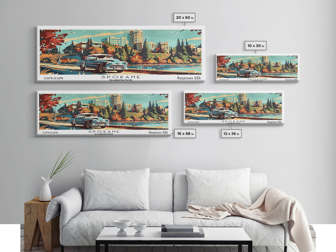 Spokane Washington Panoramic Wall Art, Mid Century Modern Framed Canvas Print, Retro Pop Art Travel Poster, Living Room and Office Decor