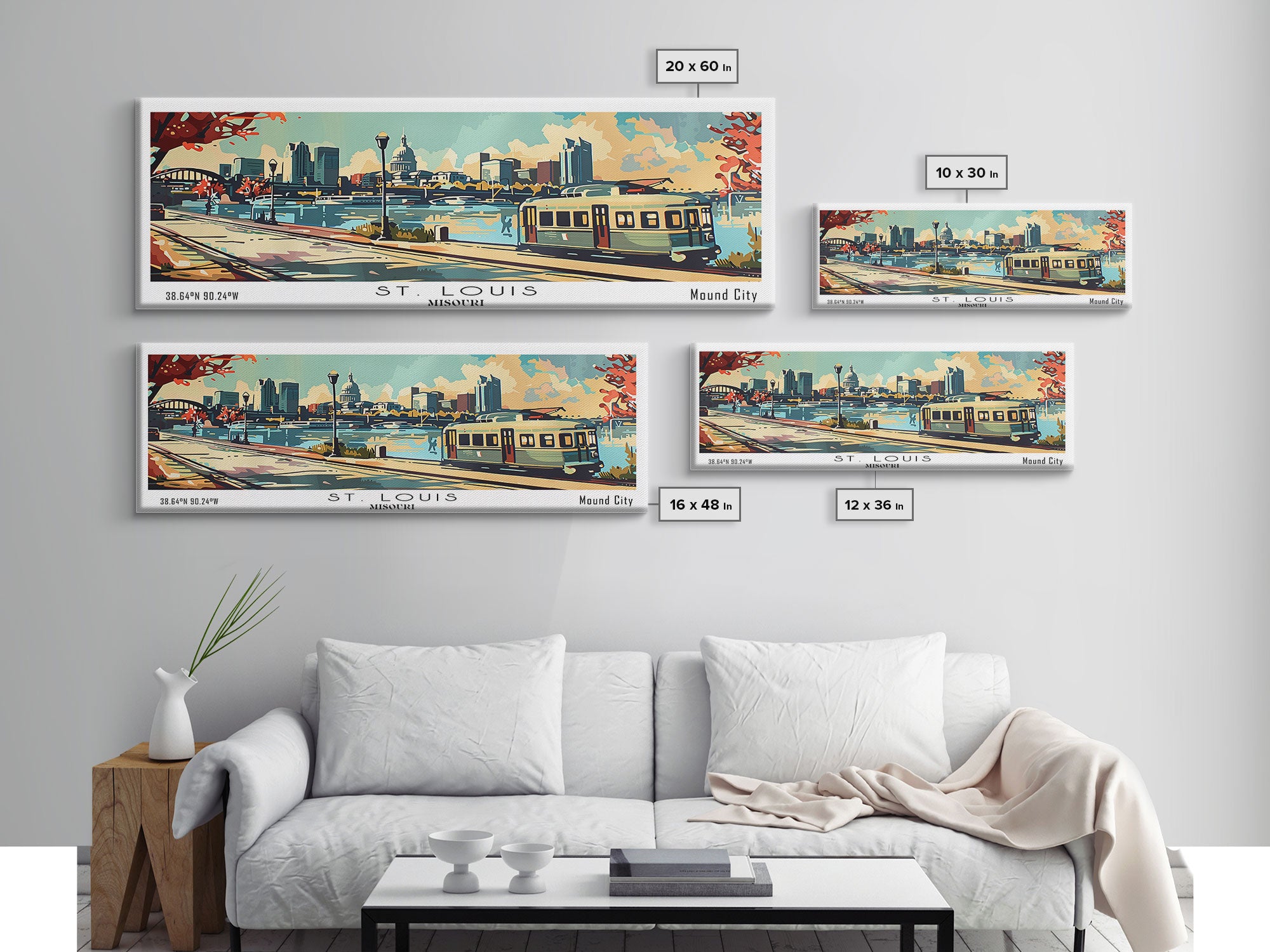 St. Louis Missouri Panoramic Painting, Mid Century Modern Framed Canvas Print, Retro Pop Art Travel Poster, Living Room Wall Art and Office Decor