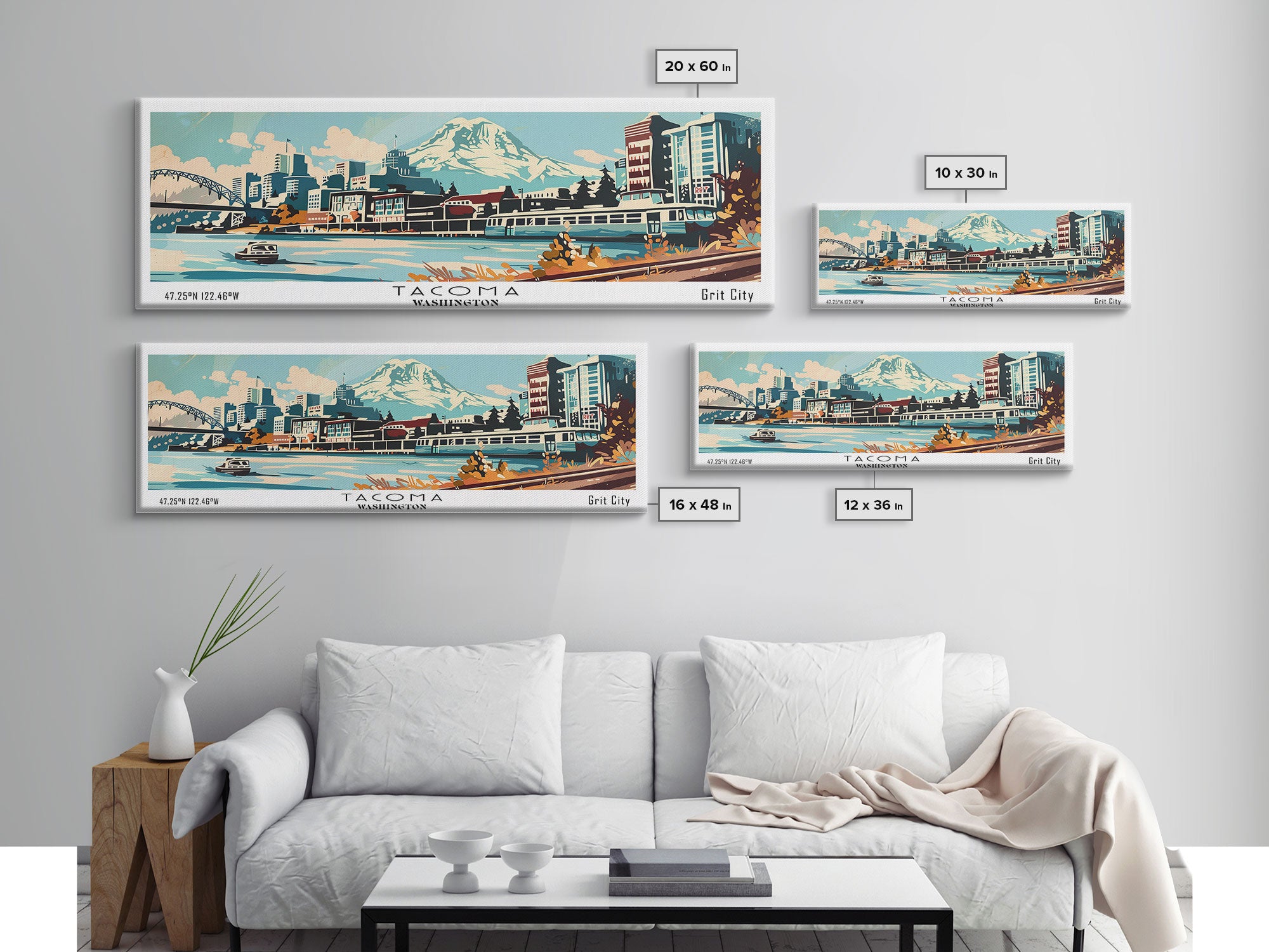 Tacoma Washington Panoramic Painting, Mid Century Modern Framed Canvas Print, Retro Pop Art Travel Poster, Living Room Wall Art Decor