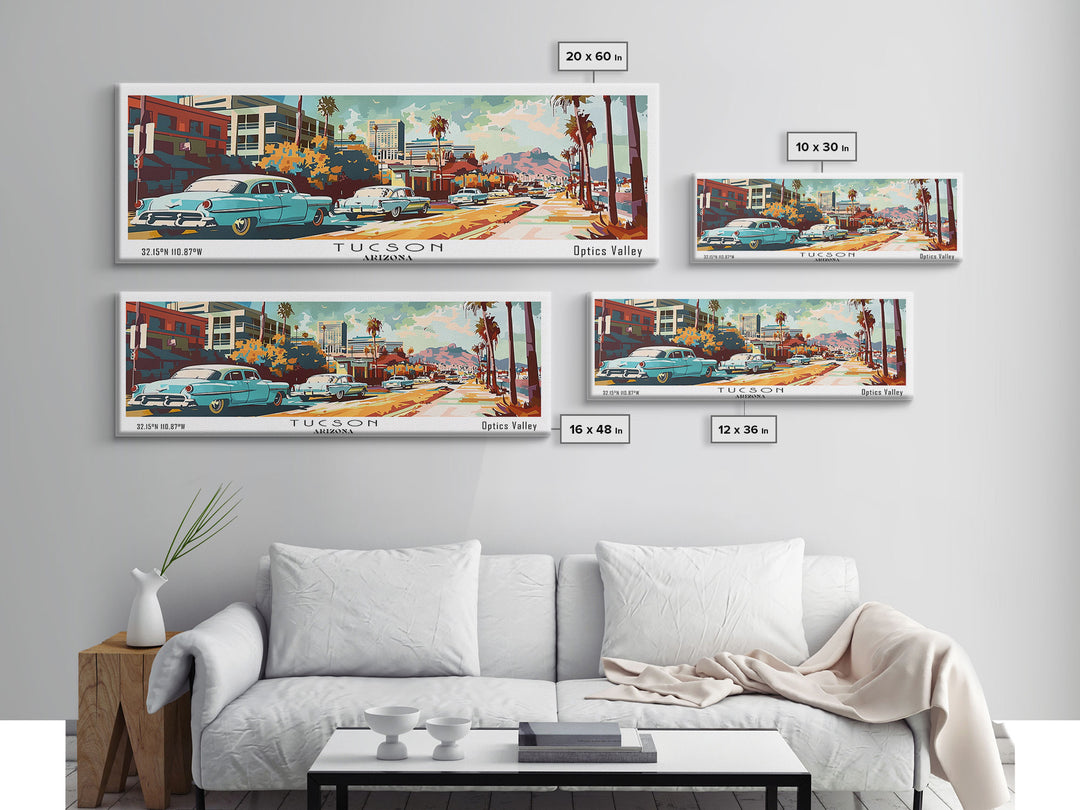 Tucson Arizona Panoramic Painting, Mid Century Modern Framed Canvas Print, Retro Pop Art Travel Poster, Living Room Wall Art and Office Decor