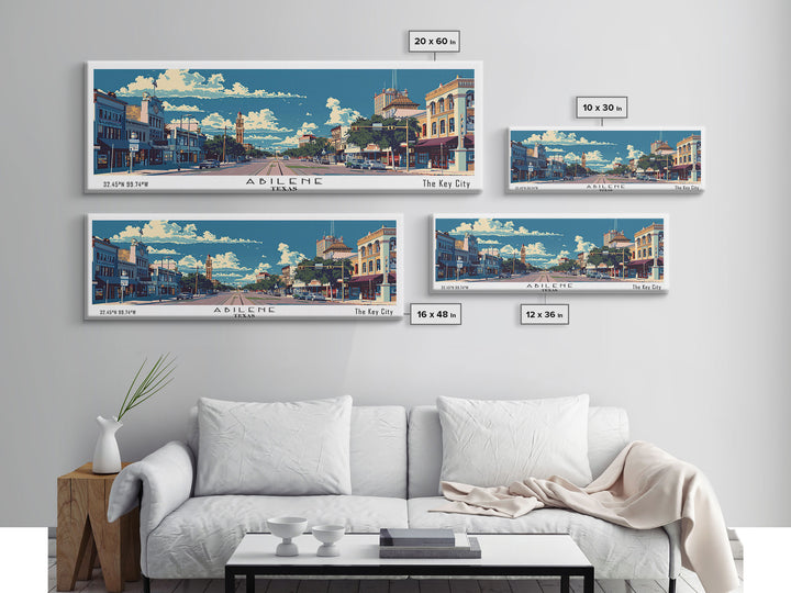 Abilene Texas Panoramic Painting, Mid Century Modern Framed Canvas Print, Retro Pop Art Travel Poster, Office Wall Art Decor, City Print