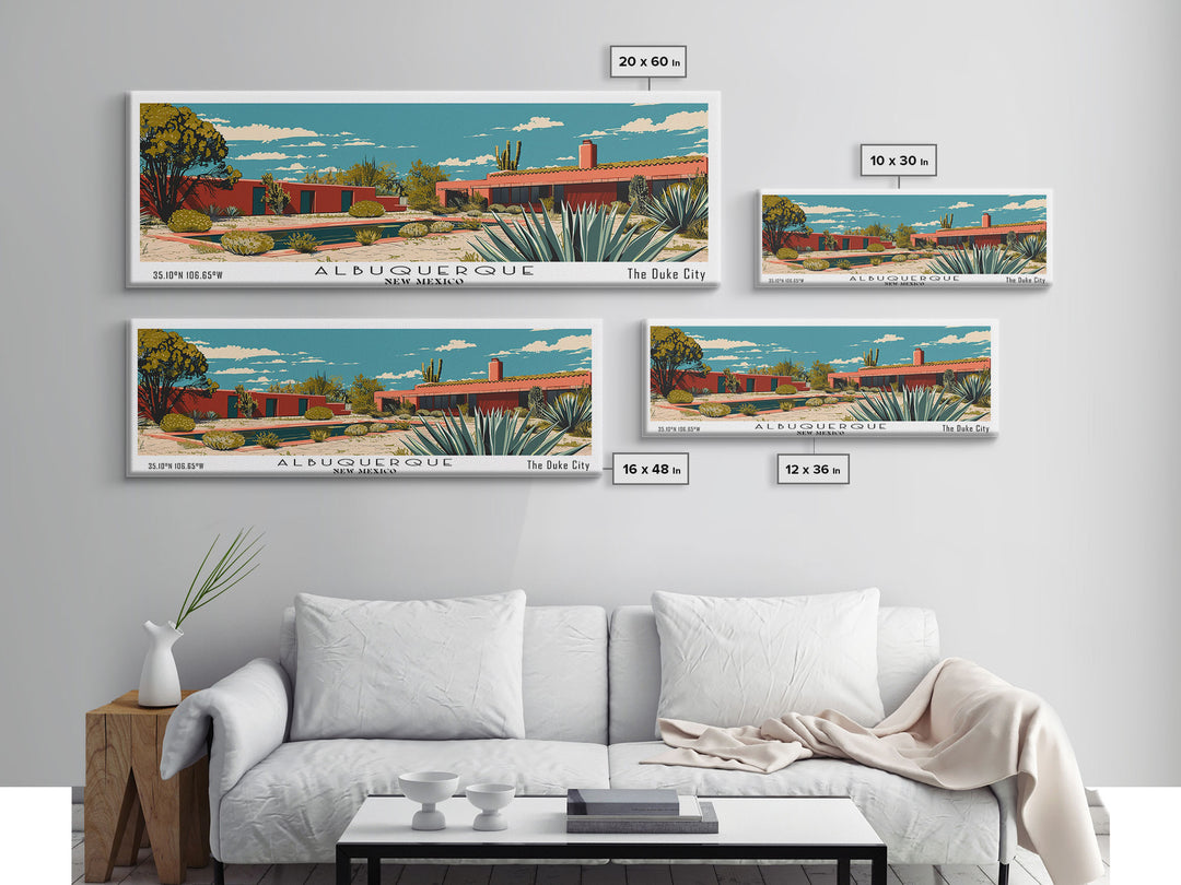 Albuquerque New Mexico Panoramic Painting, Mid Century Modern Framed Canvas Print, Retro Pop Art Travel Poster, Home Decor, City Print