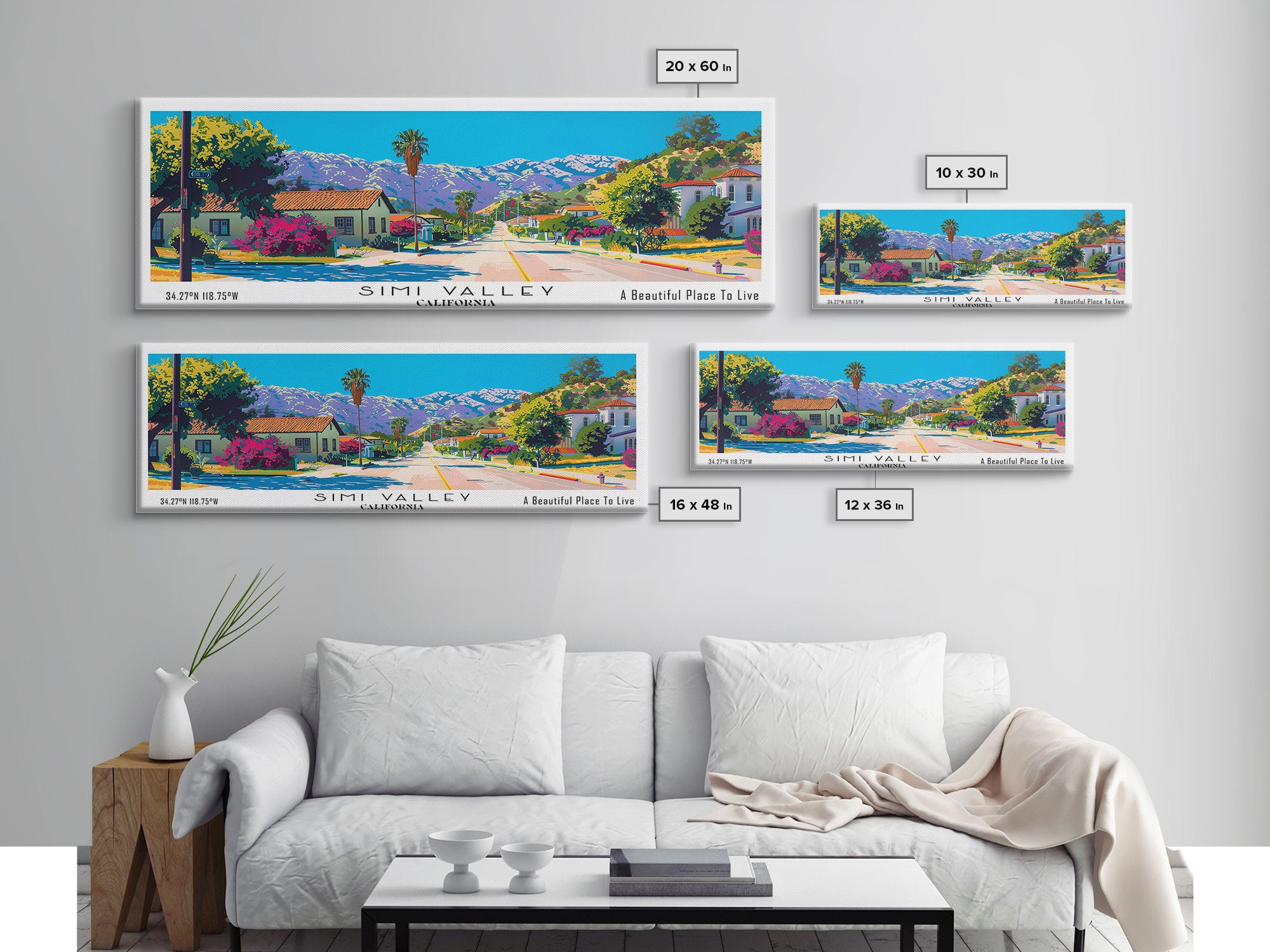 Simi Valley California Panoramic Painting, Mid Century Modern Framed Canvas Print, Retro Pop Art Travel Poster, Living Room Wall Art Decor