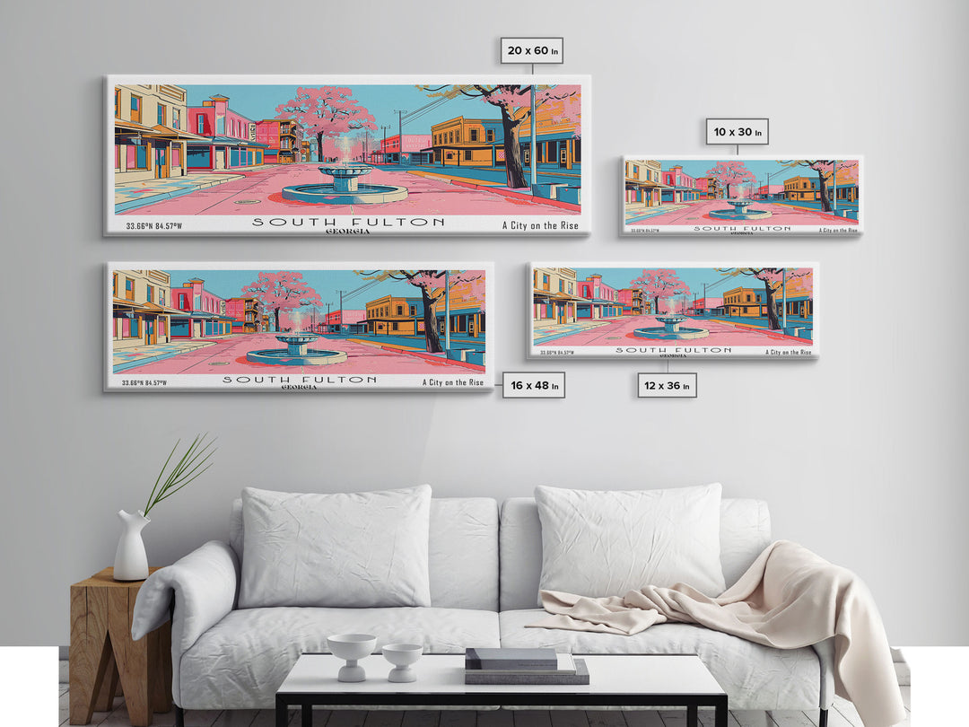 South Fulton Georgia Panoramic Painting, Mid Century Modern Framed Canvas Print, Retro Pop Art Travel Poster, Home and Office Wall Art Decor