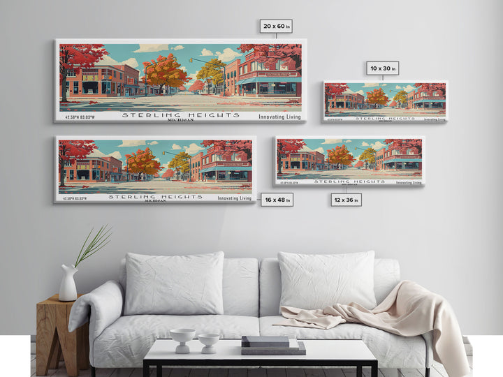 Sterling Heights Michigan Panoramic Art, Mid Century Modern Framed Canvas Print, Retro Pop Art Travel Poster, Office Wall Art, Home Decoration