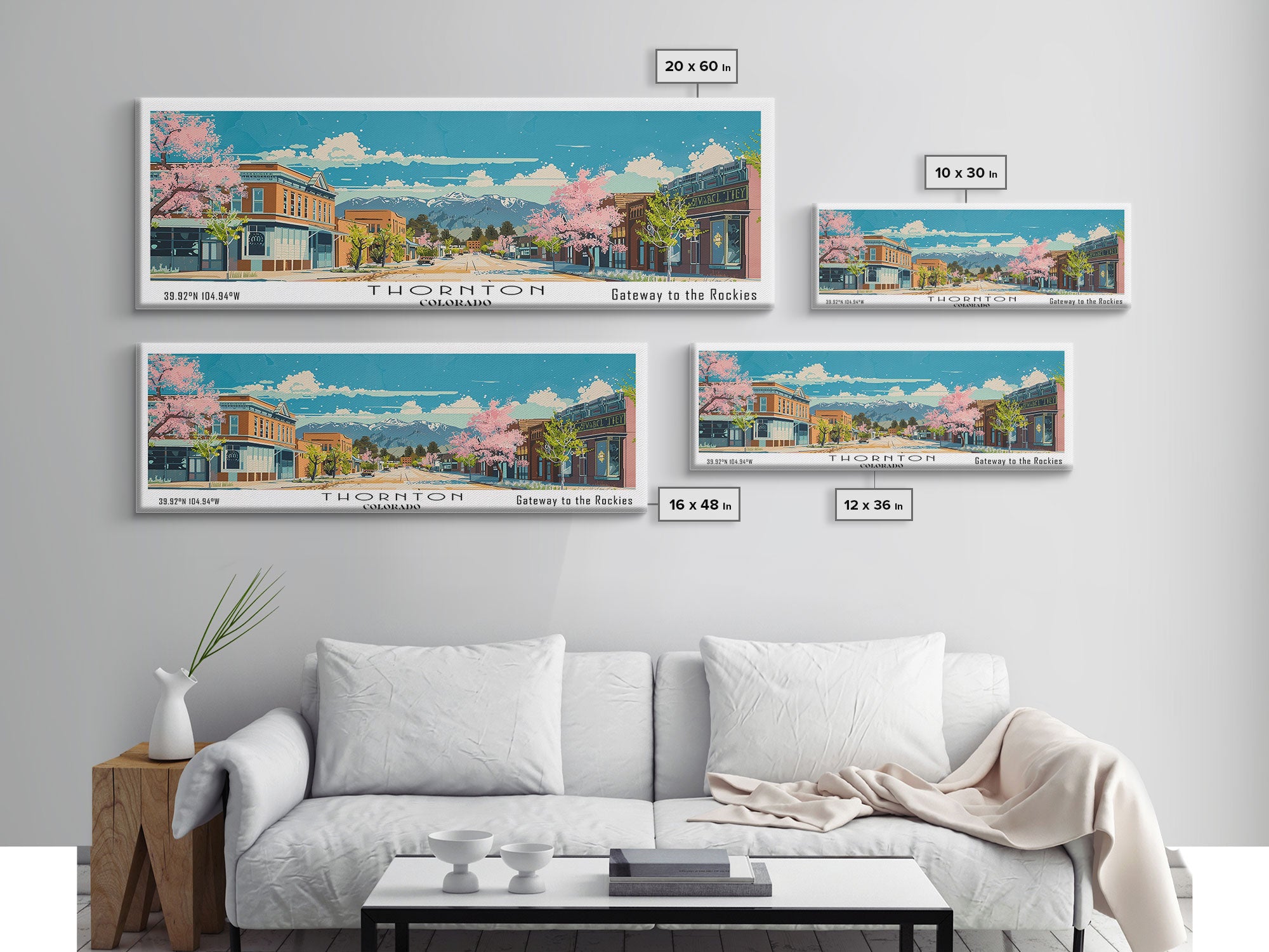 Thornton Colorado Panoramic Painting, Mid Century Modern Framed Canvas Print, Retro Pop Art Travel Poster, Living Room Wall Art Decor