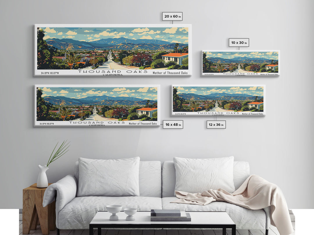 Thousand Oaks California Panoramic Wall Art, Mid Century Modern Framed Canvas Print, Retro Pop Art Travel Poster, Office Wall Decor and Gift Idea