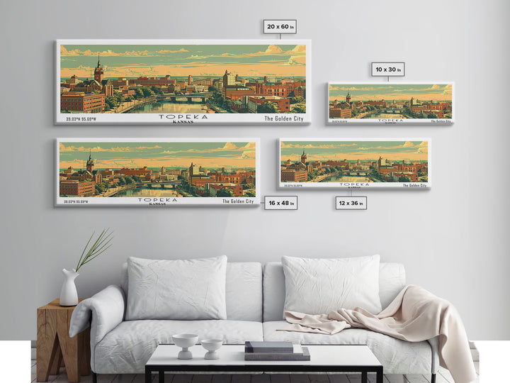 Topeka Kansas Panoramic Painting, Mid Century Modern Framed Canvas Print, Retro Pop Art Travel Poster, Home and Office Wall Art Decor