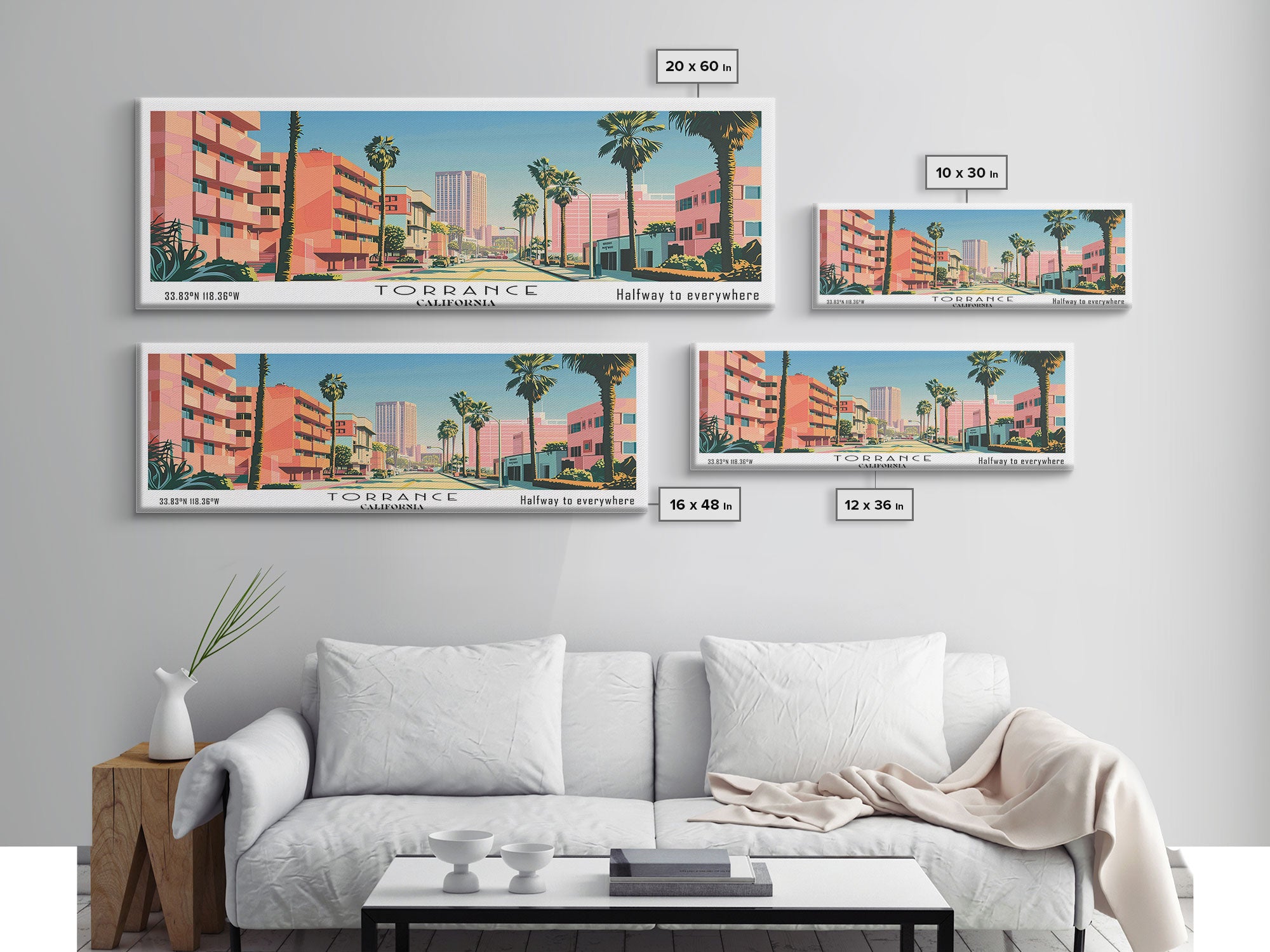 Torrance California Panoramic Wall Art, Mid Century Modern Framed Canvas Print, Retro Pop Art Travel Poster, Living Room and Office Decor