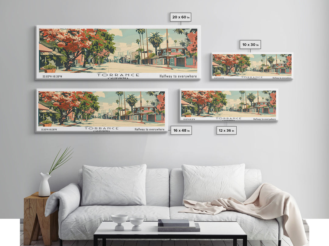 Torrance California Panoramic Painting, Mid Century Modern Framed Canvas Print, Retro Pop Art Travel Poster, Wall Hanging for Home Decor