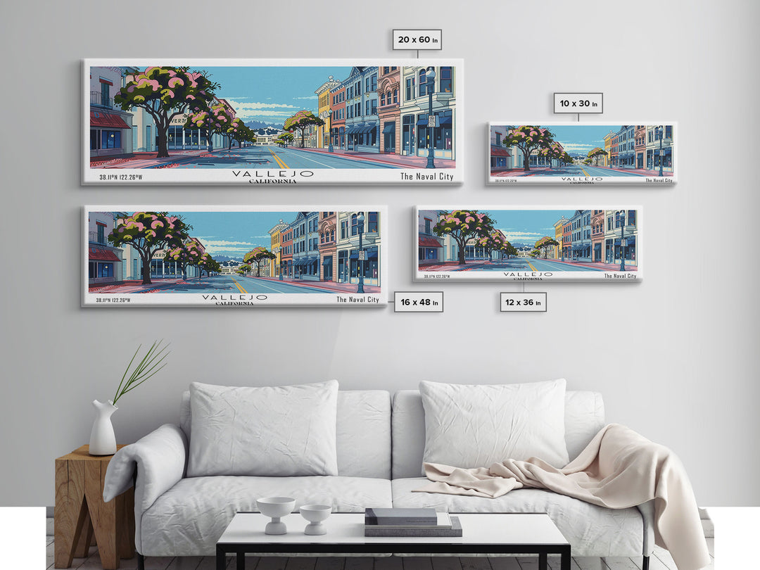 Vallejo California Panoramic Painting, Mid Century Modern Framed Canvas Print, Retro Pop Art Travel Poster, Office Wall Art, Home Decoration