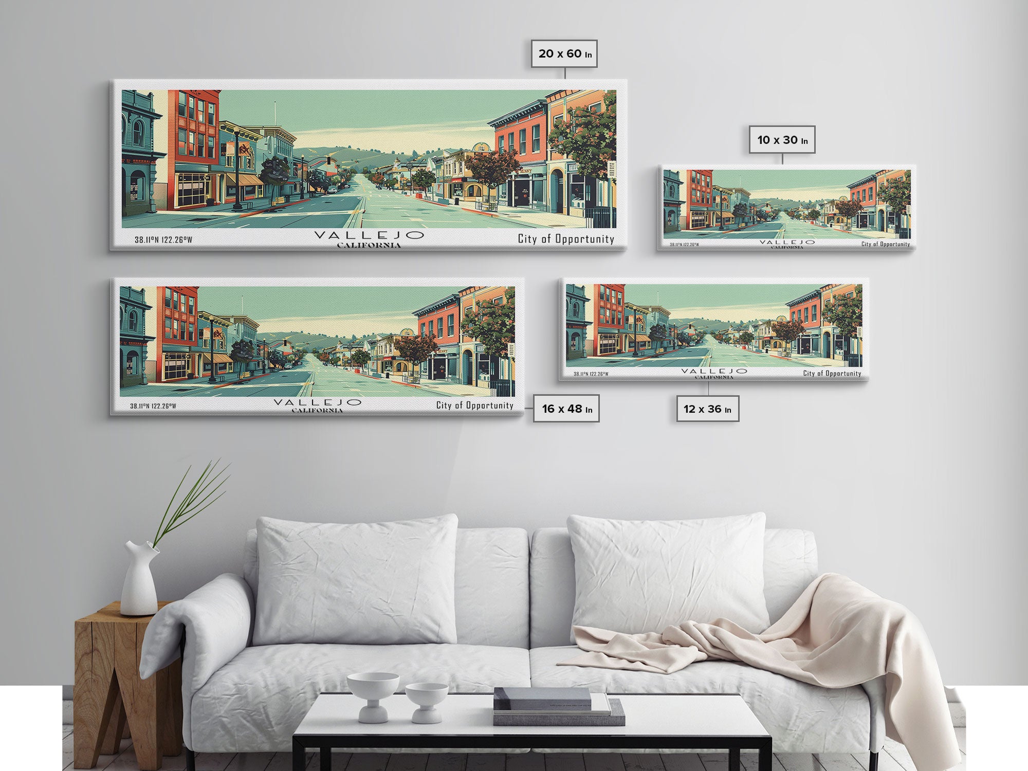 Vallejo California Panoramic Art, Mid Century Modern Framed Canvas Print, Retro Pop Art Travel Poster, City Print, Living Room Wall Decor