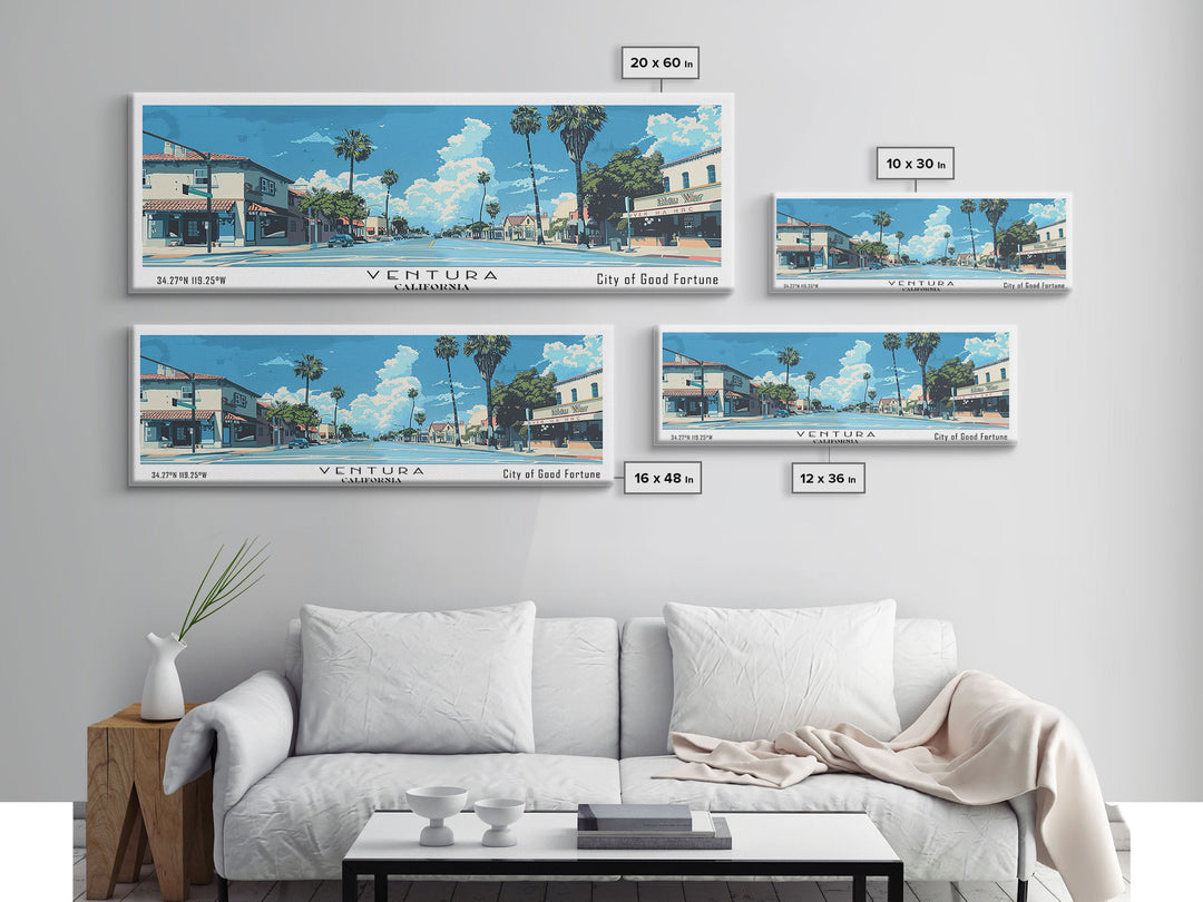 Ventura California Panoramic Painting, Mid Century Modern Framed Canvas Print, Retro Pop Art Travel Poster, City Print, Office Wall Art