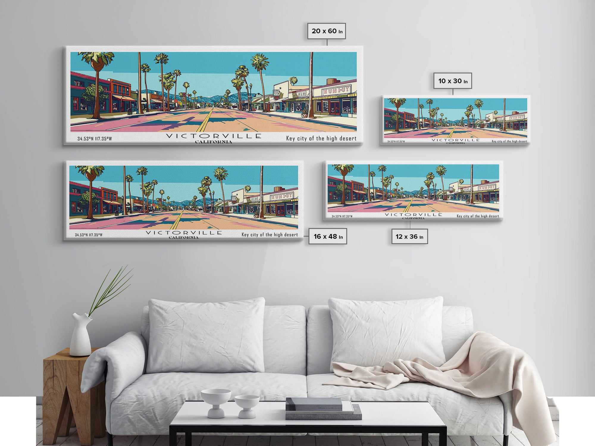 Victorville California Panoramic Art, Mid Century Modern Framed Canvas Print, Retro Pop Art Travel Poster, City Print, Living Room Decor