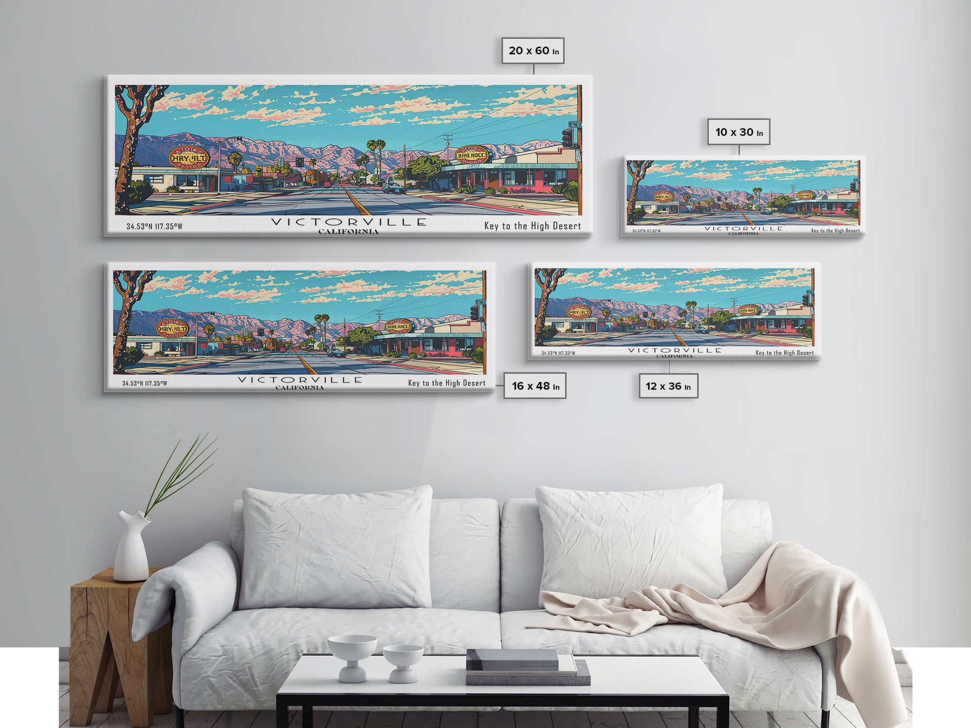 Victorville California Panoramic Wall Art, Mid Century Modern Framed Canvas Print, Retro Pop Art Travel Poster, City Art, Home Decoration