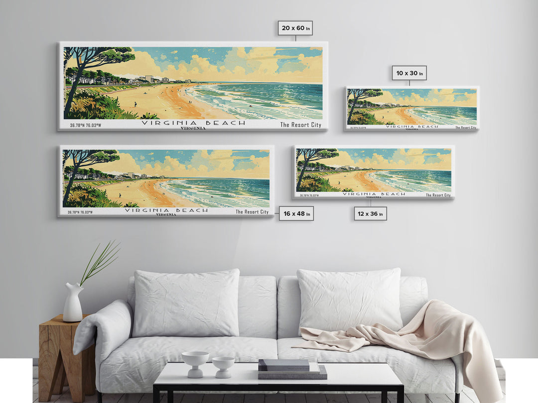 Virginia Beach Virginia Panoramic Painting, Mid Century Modern Framed Canvas Print, Retro Pop Art Travel Poster, Office Wall Art, Home Decoration