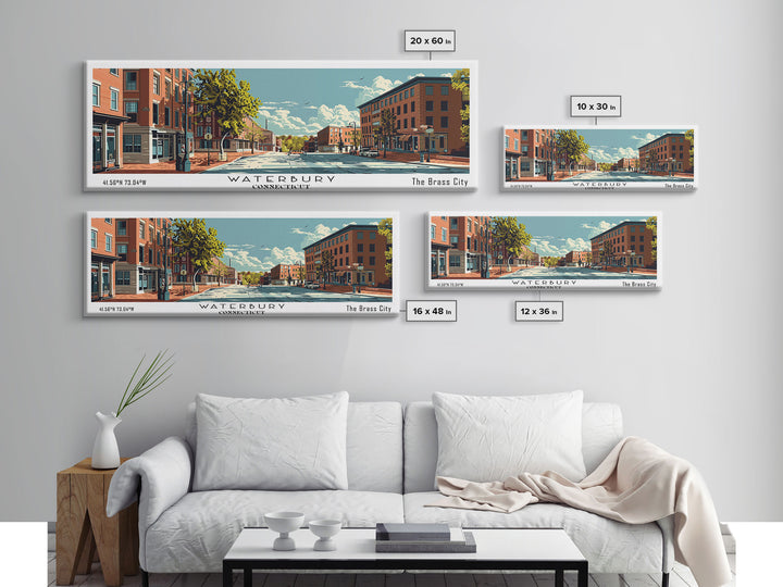 Waterbury Connecticut Panoramic Wall Art, Mid Century Modern Framed Canvas Print, Retro Pop Art Travel Poster, City Art, Home Decoration