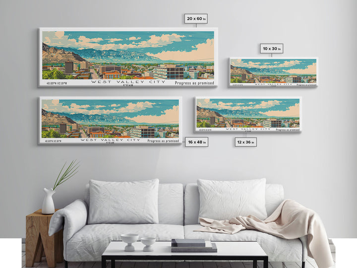 West Valley City Utah Panoramic Painting, Mid Century Modern Framed Canvas Print, Retro Pop Art Travel Poster, Office Wall Art, Home Decoration