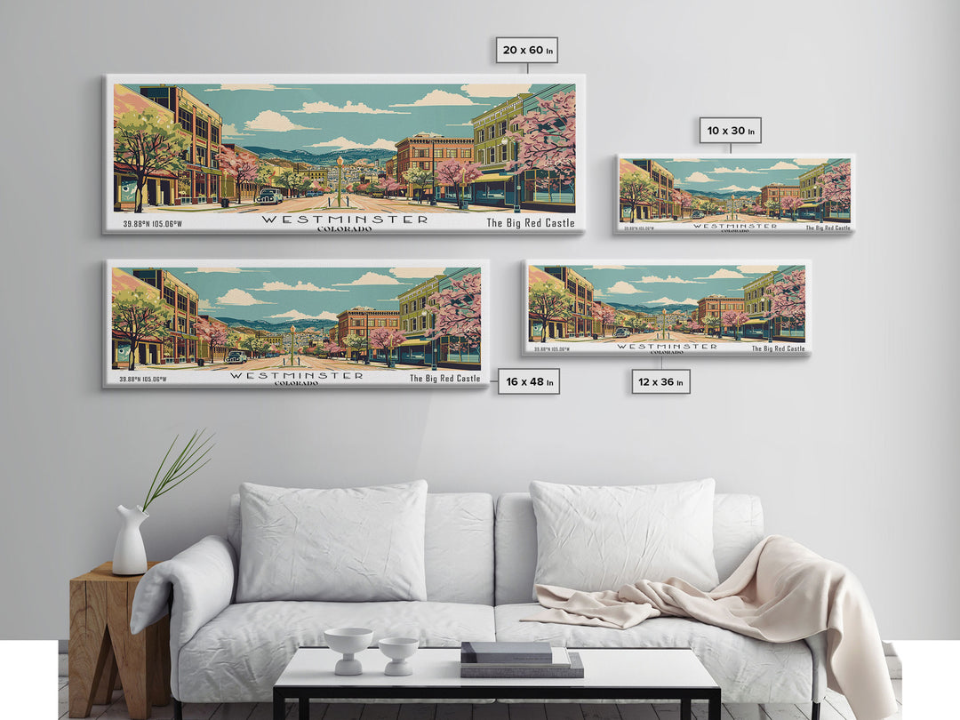 Westminster Colorado Panoramic Painting, Mid Century Modern Framed Canvas Print, Retro Pop Art Travel Poster, Office Wall Art, Home Decoration