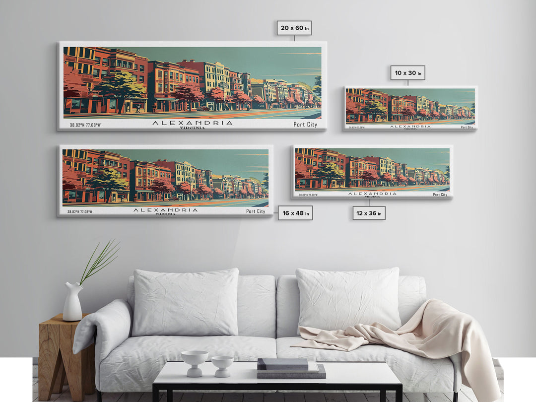 Alexandria Virginia Panoramic Painting, Framed Canvas Print, Mid Century Modern Wall Art, Retro Pop Art Travel Poster, Living Room Decor, City Art