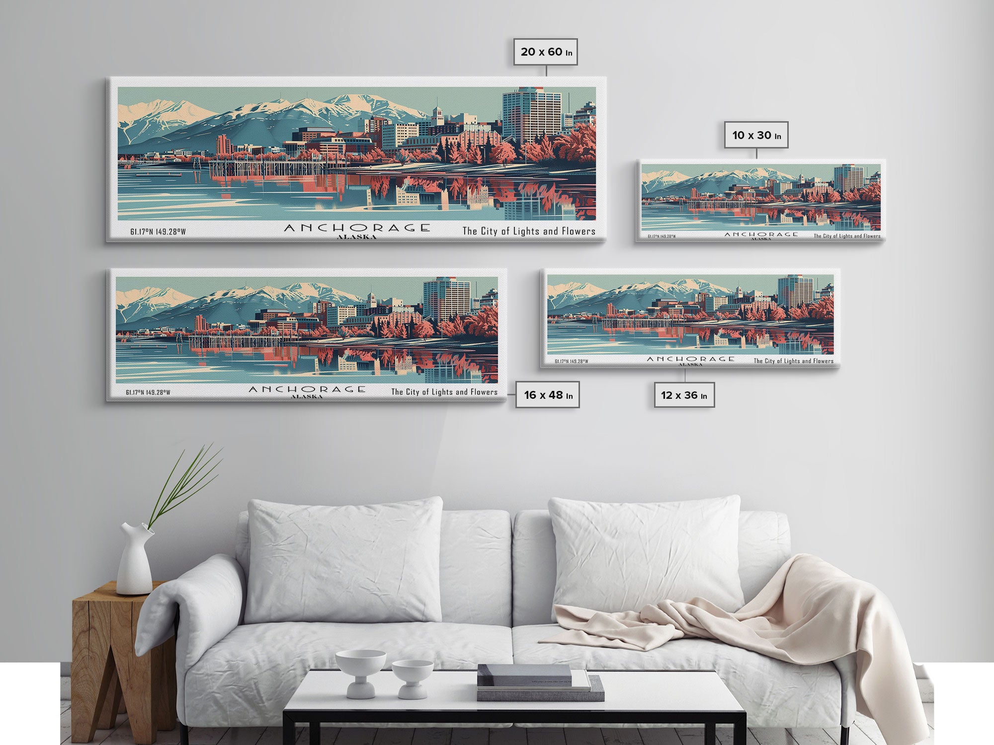 Anchorage Alabama Panoramic Painting, Framed Canvas Print, Mid Century Modern Wall Art, Retro Pop Art Travel Poster, Living Room Decor, City Art