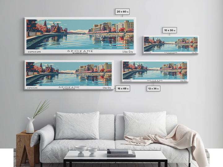 Spokane Washington Panoramic Painting, Mid Century Modern Framed Canvas Print, Retro Pop Art Travel Poster, Cityscape, Home Decor, Office Wall Art