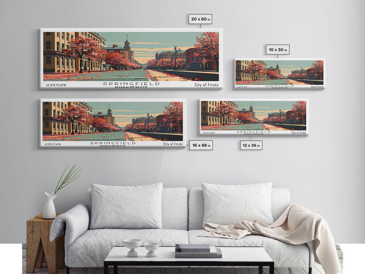 Springfield Massachusetts Panoramic Wall Art, Mid Century Modern Framed Canvas Print, Retro Pop Art Cityscape, Travel Poster, Living Room Decor