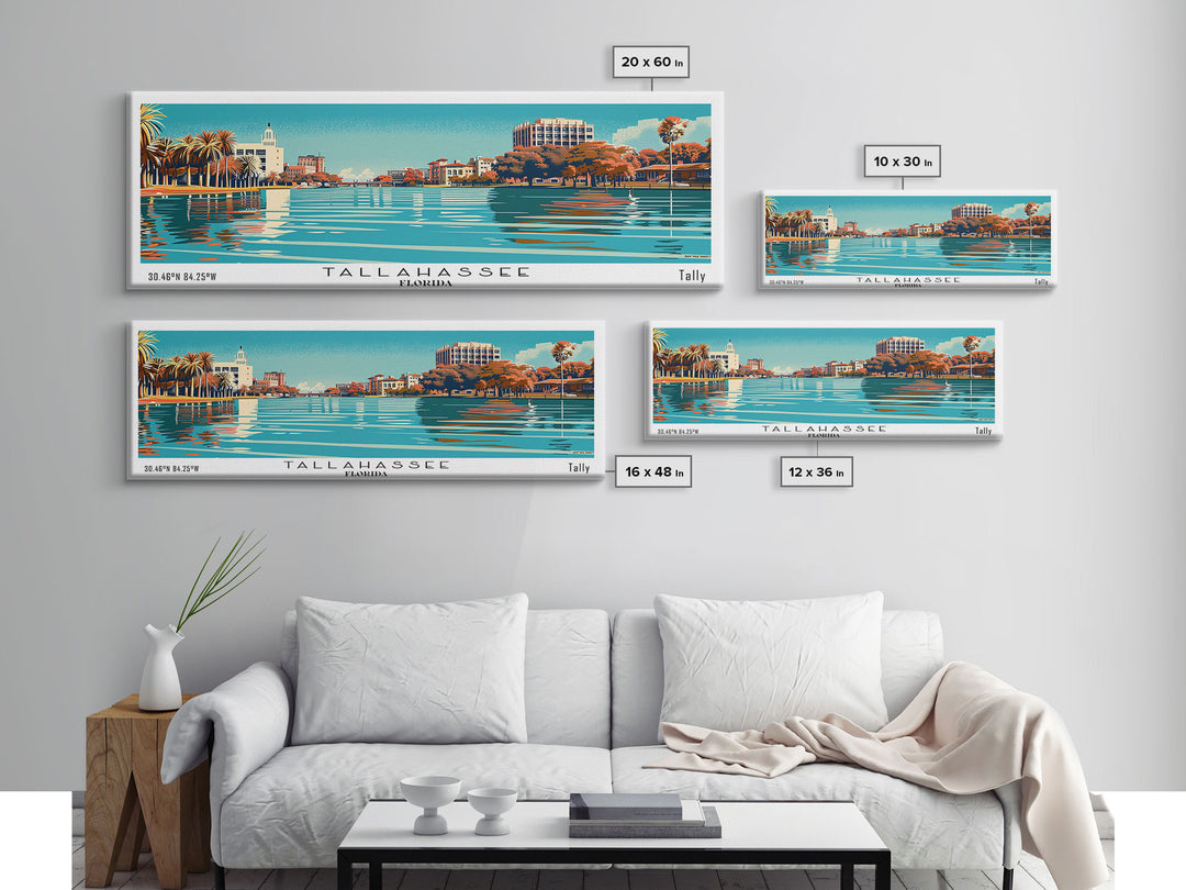 Tallahassee Florida Panoramic Painting, Mid Century Modern Framed Canvas Print, Retro Pop Art Travel Poster, Cityscape, Home Decor, Office Wall Art