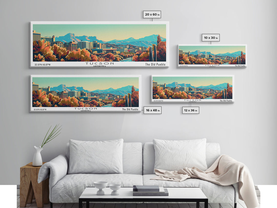 Tucson Arizona Panoramic Painting, Mid Century Modern Framed Canvas Print, Retro Pop Art Travel Poster, Cityscape, Home Decor, Office Wall Art