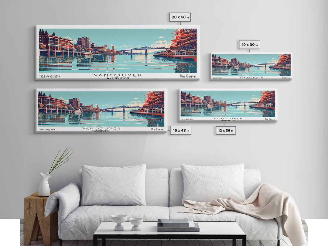 Vancouver Washington Panoramic Cityscape, Mid Century Modern Framed Canvas Print, Retro Pop Art Travel Poster, City Art Decor, Living Room Art