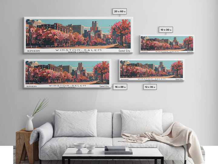 Winston-Salem North Carolina Panoramic Wall Art, Mid Century Modern Framed Canvas Print, Retro Pop Art Travel Poster, Cityscape Decor, Living Room Art