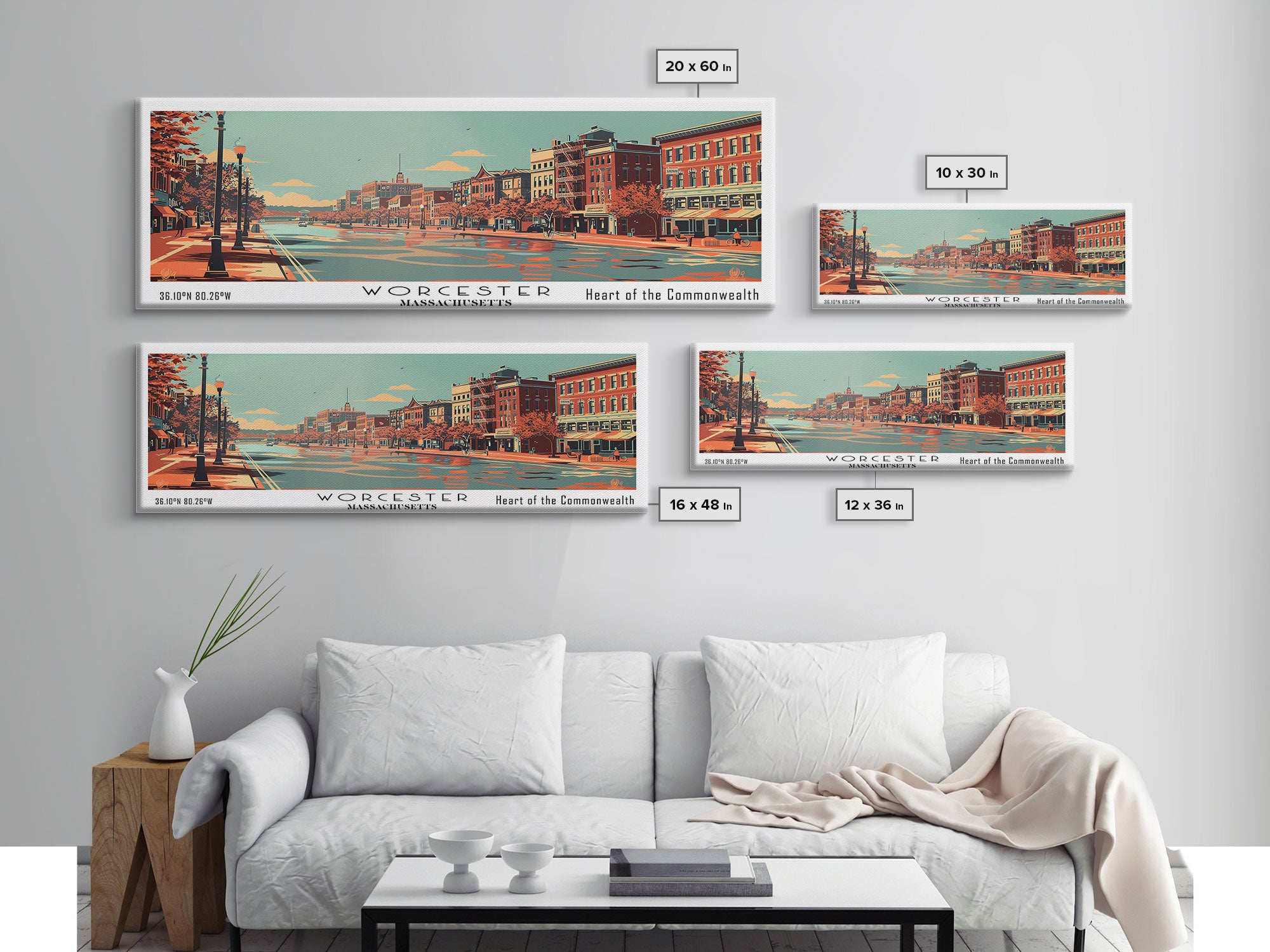 Worcester Massachusetts Panoramic Wall Art, Mid Century Modern Framed Canvas Print, Retro Pop Art Travel Poster, Cityscape Decor, Office Wall Art