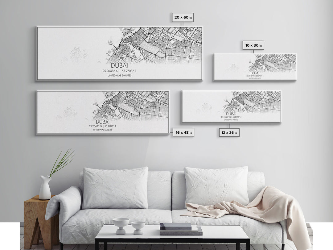 Panoramic Dubai City Map, United Arab Emirates Art, Map Print, Minimalist Wall Art, Canvas Art, Housewarming Gift, Street Map, Closing Gift