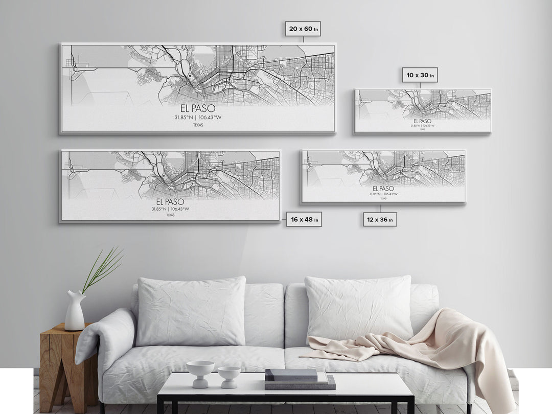 Panoramic El Paso City Map, Texas Art, Map Print, Minimalist Wall Art, Canvas Art, Housewarming Gift, Street Map Art, Closing Gift