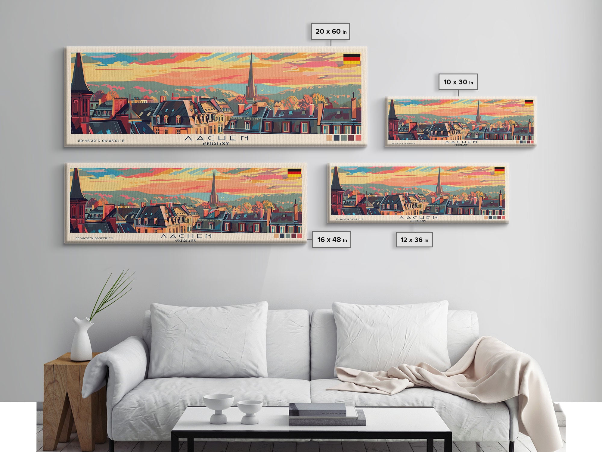 Aachen Germany  Panoramic Travel Poster, Framed Canvas Print or Metal Wall Art, Travel Art, Home Decor, Panoramic Painting, Midcentury Art