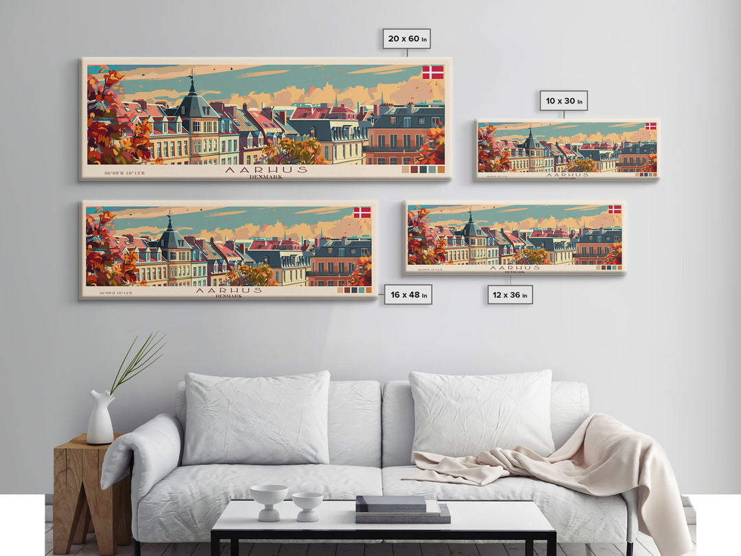 Aarhus Denmark  Panoramic Travel Poster, Framed Canvas Print or Metal Wall Art, Travel Art, Home Decor, Panoramic Painting, Midcentury Art